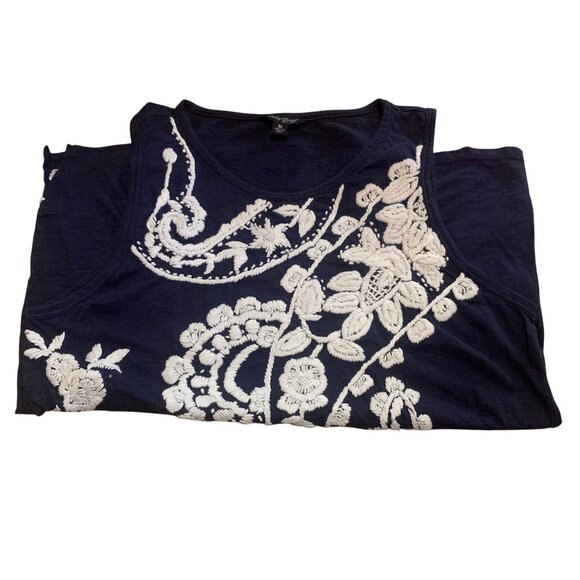 Lucky Brand Women's Top Navy Sleeveless Tank White Floral Embroidery Sz M Boho - Picture 12 of 15